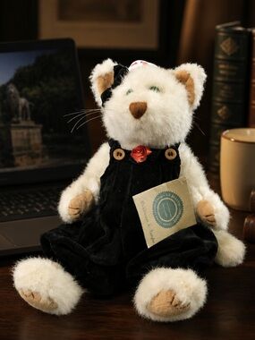 Boyds Bears Cream and Tan Plush Cat Toy in Black Outfit